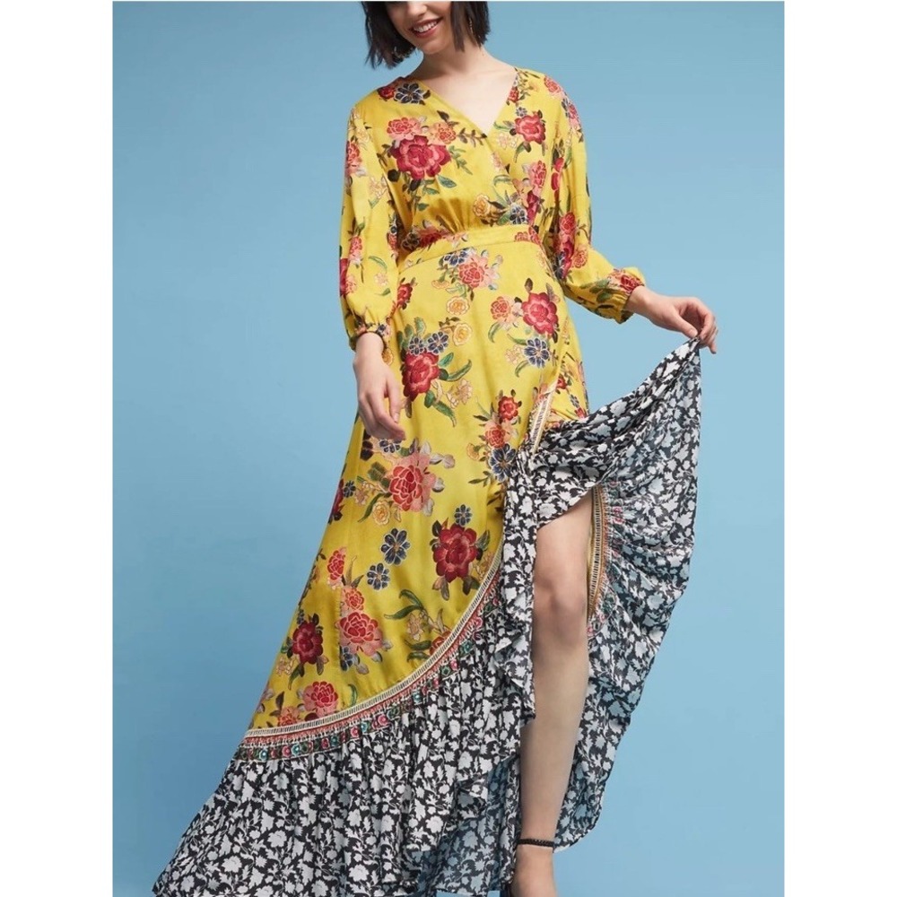 Anthropologie Farm Rio Sunlit Maxi Dress Women's Small Wrap Contrast Hem Floral
